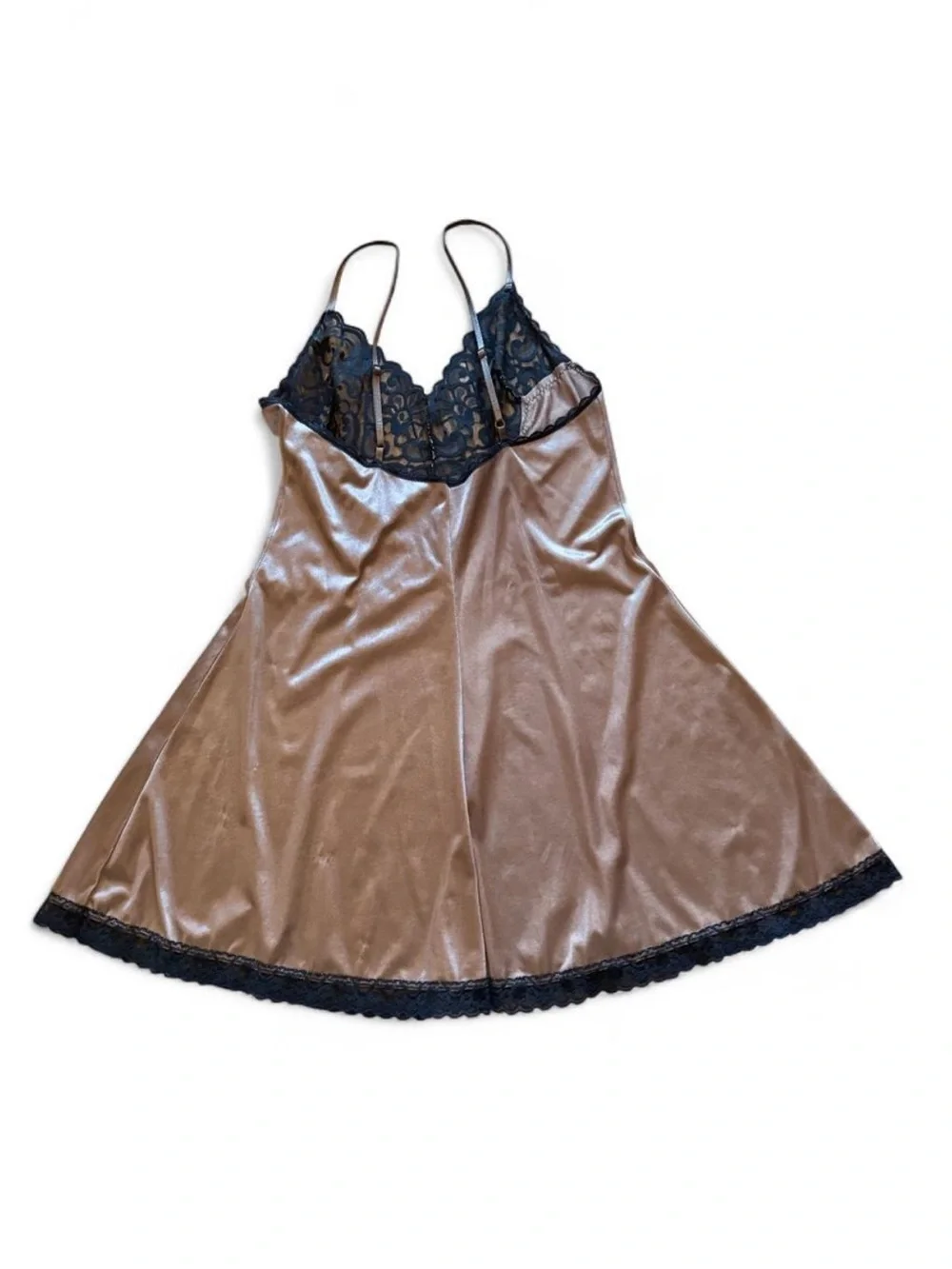 Silky Taupe Lace-Trim Slip Dress with Black Lace - Picture 2 of 7